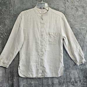 Talbots Light Gray Linen Blend Band Collar Button-Up Blouse